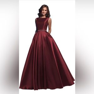 Women's Satin Prom Dresses Long Ball Gown Beaded Formal Party Dress with POCKETS
